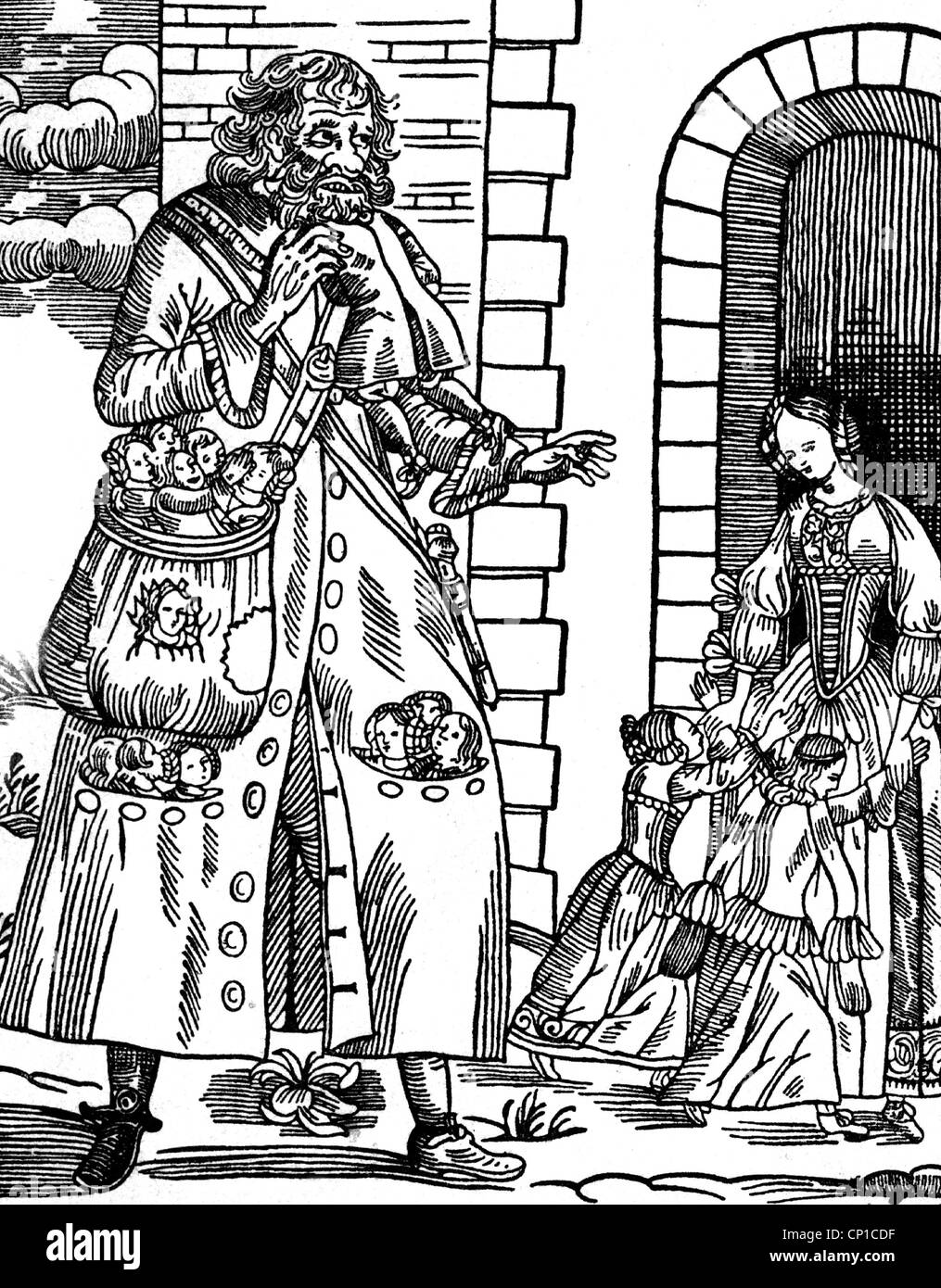 Natale, San Nicola, il suo compagno Knecht Ruprecht mettere in tasca i bambini cattivi, incisione in legno, Augusta, circa 1850, Additional-Rights-Clearences-non disponibile Foto Stock