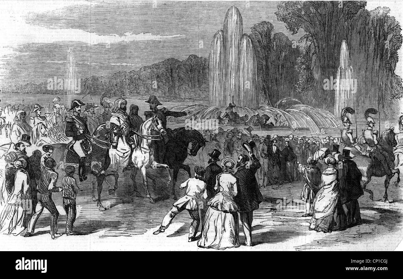 Abd al Qadir, 6.9.1808 - 26.5.1883, combattente per la libertà algerino, con Ministro di guerra de Hautpoul, visita Versailles, novembre 1852, incisione in legno, 19th secolo, , Foto Stock