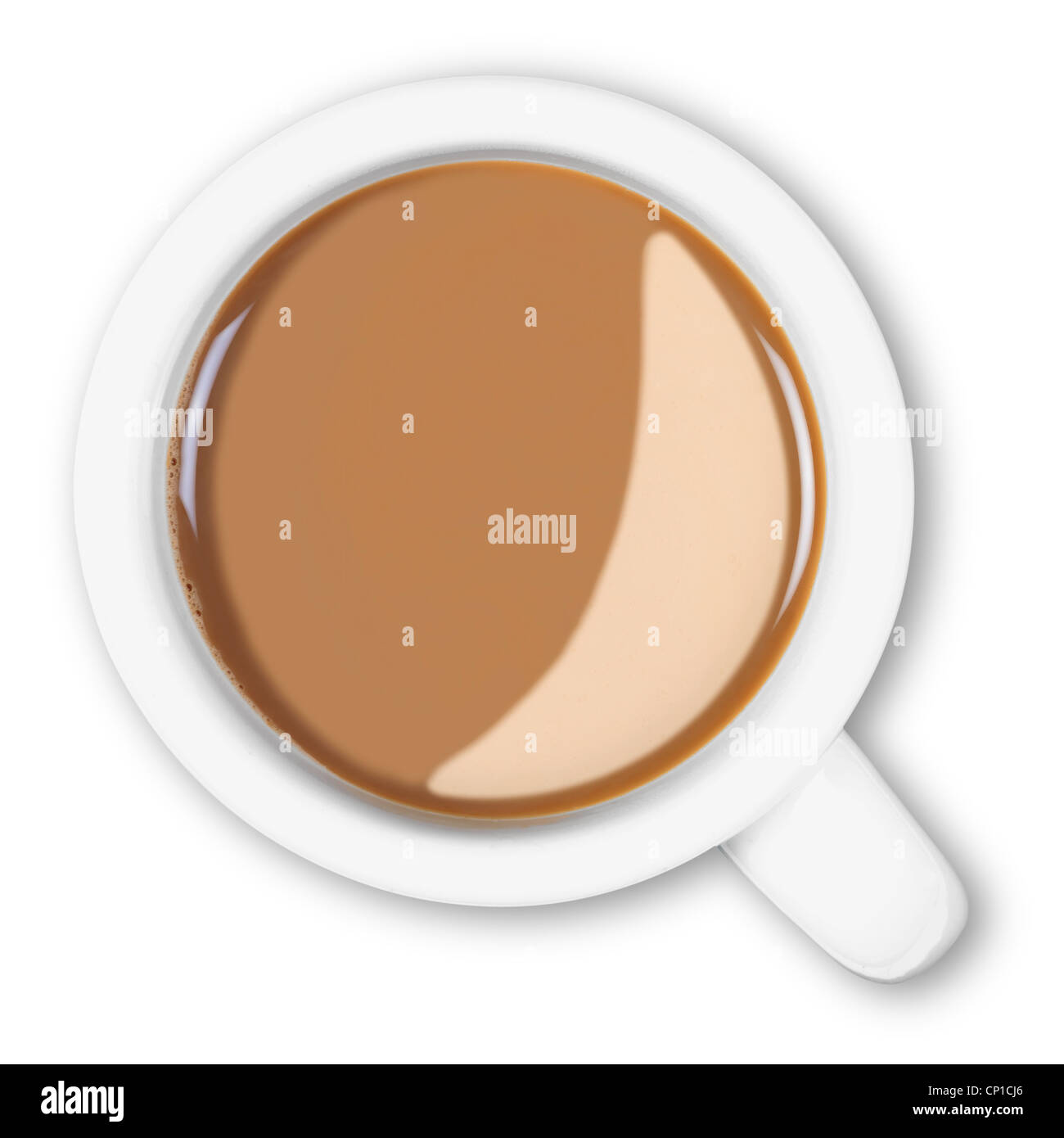 Foto aerea di una tazza piena di caldo caffè bianca isolata su uno sfondo bianco con percorso di clipping. Foto Stock