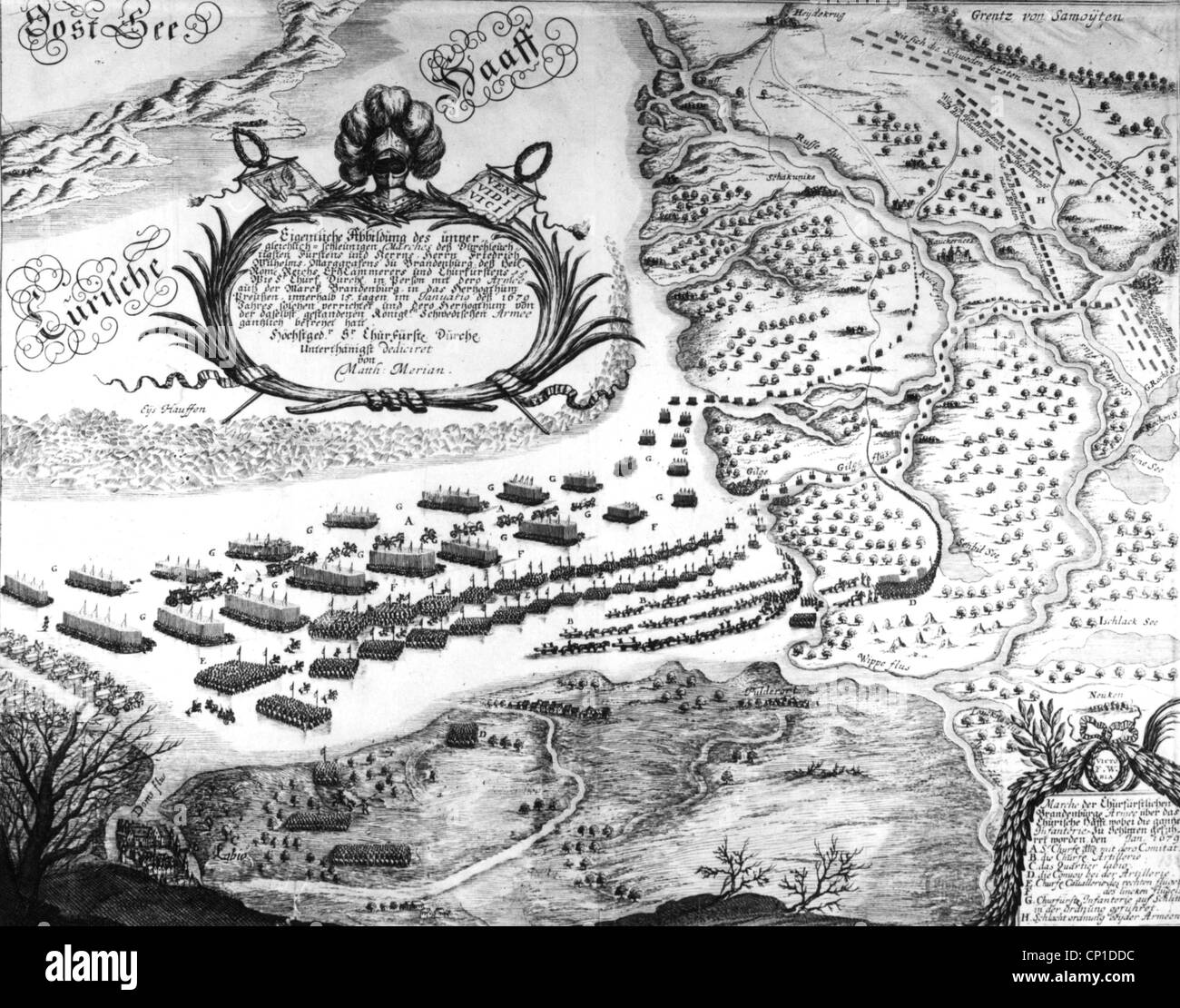 Eventi, Guerra Scaniana, 1675 - 1679, truppe di Brandeburgo sotto Federico Guglielmo il Grande Elettore che attraversa la Laguna Curoniana, gennaio 1679, incisione contemporanea di rame, diritti aggiuntivi-clearences-non disponibile Foto Stock