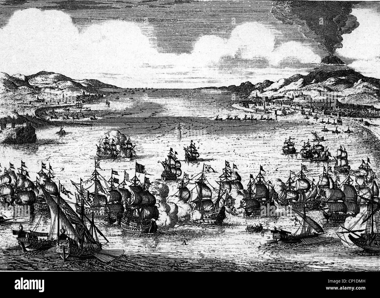 Eventi, guerra franco-olandese 1672 - 1679, battaglia navale di Catania, 22.4.1676, incisione contemporanea di rame di Jan Luyken, diritti aggiuntivi-clearences-not available Foto Stock
