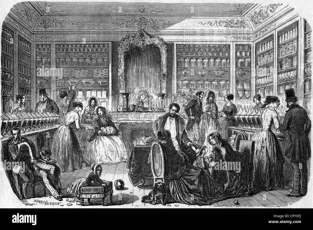 Commercio, negozi, negozio di dolci, incisione in legno di Henri Valentin, Parigi, 1853, 'une boutique de confiseur', diritti-aggiuntivi-clearences-non disponibile Foto Stock
