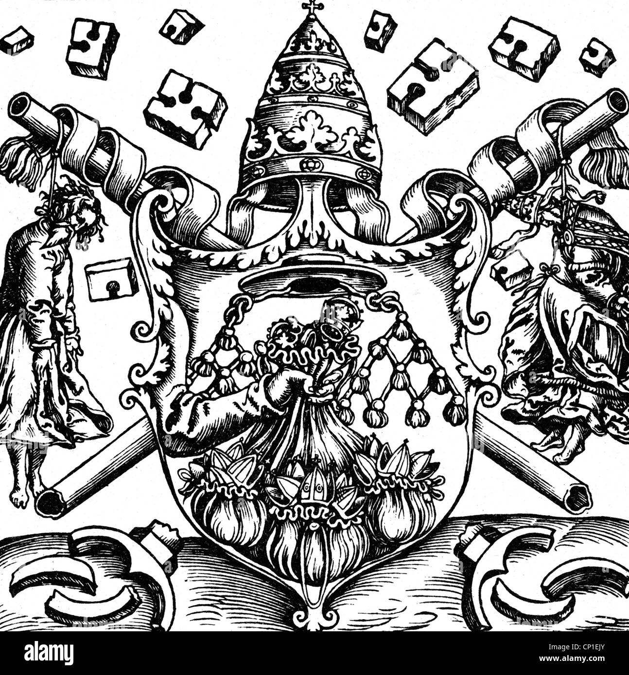 Eventi, riforma protestante, 1517 - 1555, volantino, cariatura dello stemma papale, taglio di legno di Lucas Cranach il Vecchio, circa 1545, cattolico, stati papali, tiara, emblema, 16 ° secolo, storico, storico, diritti aggiuntivi-clearences-non disponibile Foto Stock