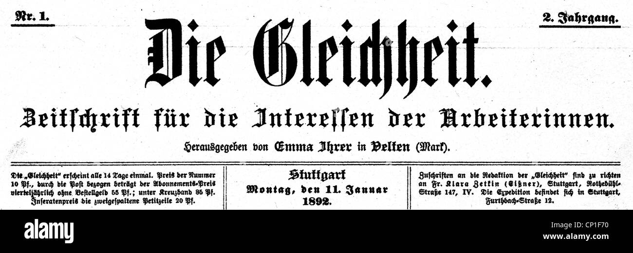 Stampa / media, giornale, 'Die Gleichheit' (l'uguaglianza. Journal for the Interests of Women), redattore: Emma Ihrer, 2° volume, numero 1, Stoccarda, 11.1.1892, header, Additional-Rights-Clearences-Not available Foto Stock