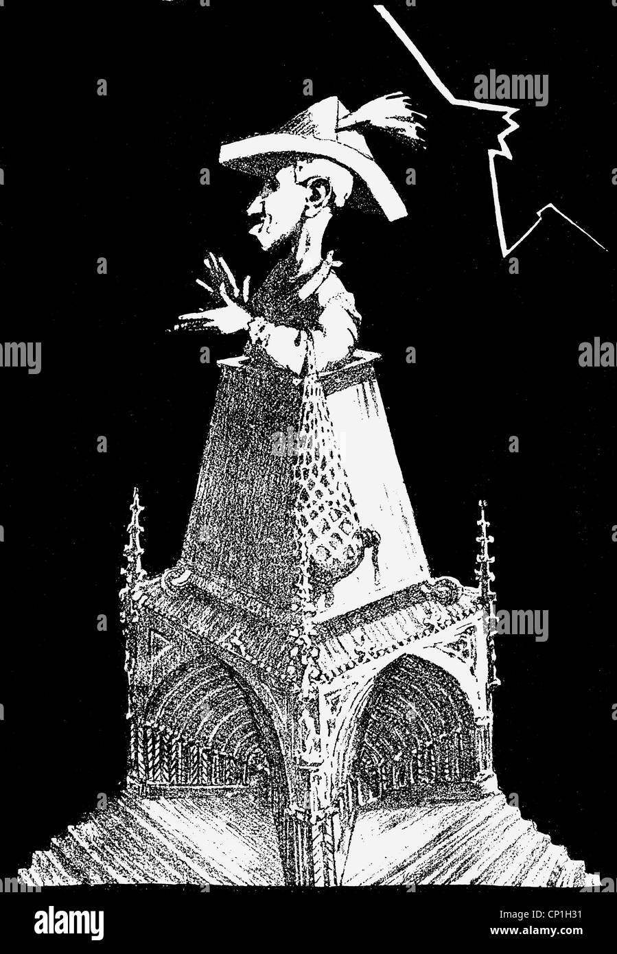 Alfonso XIII, 17.5.1886 - 28.2. 1941, Re di Spagna 17.5.1886 - 14.4.1931, caricatura, statua, 'Re ero prima della mia nascita - Re sono con piena consapevolezza', disegno, 'Assiette de beure', 1906, , Foto Stock