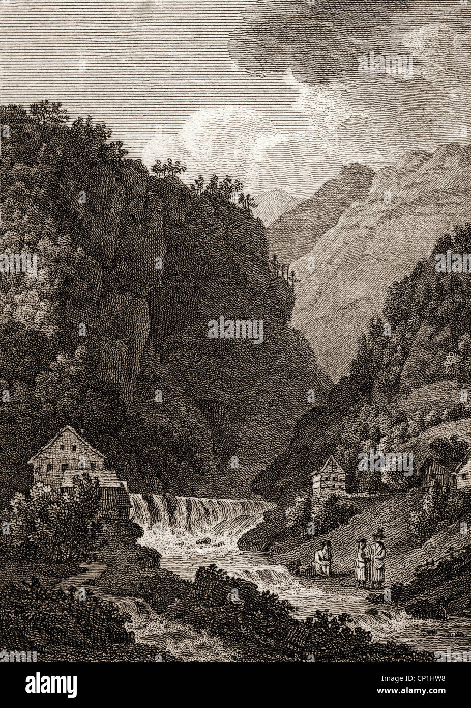 Geografia / viaggi, Svizzera, paesaggi, dei Grigioni, cascata presso il mulino vicino Ragatz, incisione su rame di Johann Adolph Darnstedt dopo Adrian Zingg, circa 1790, artista del diritto d'autore non deve essere cancellata Foto Stock
