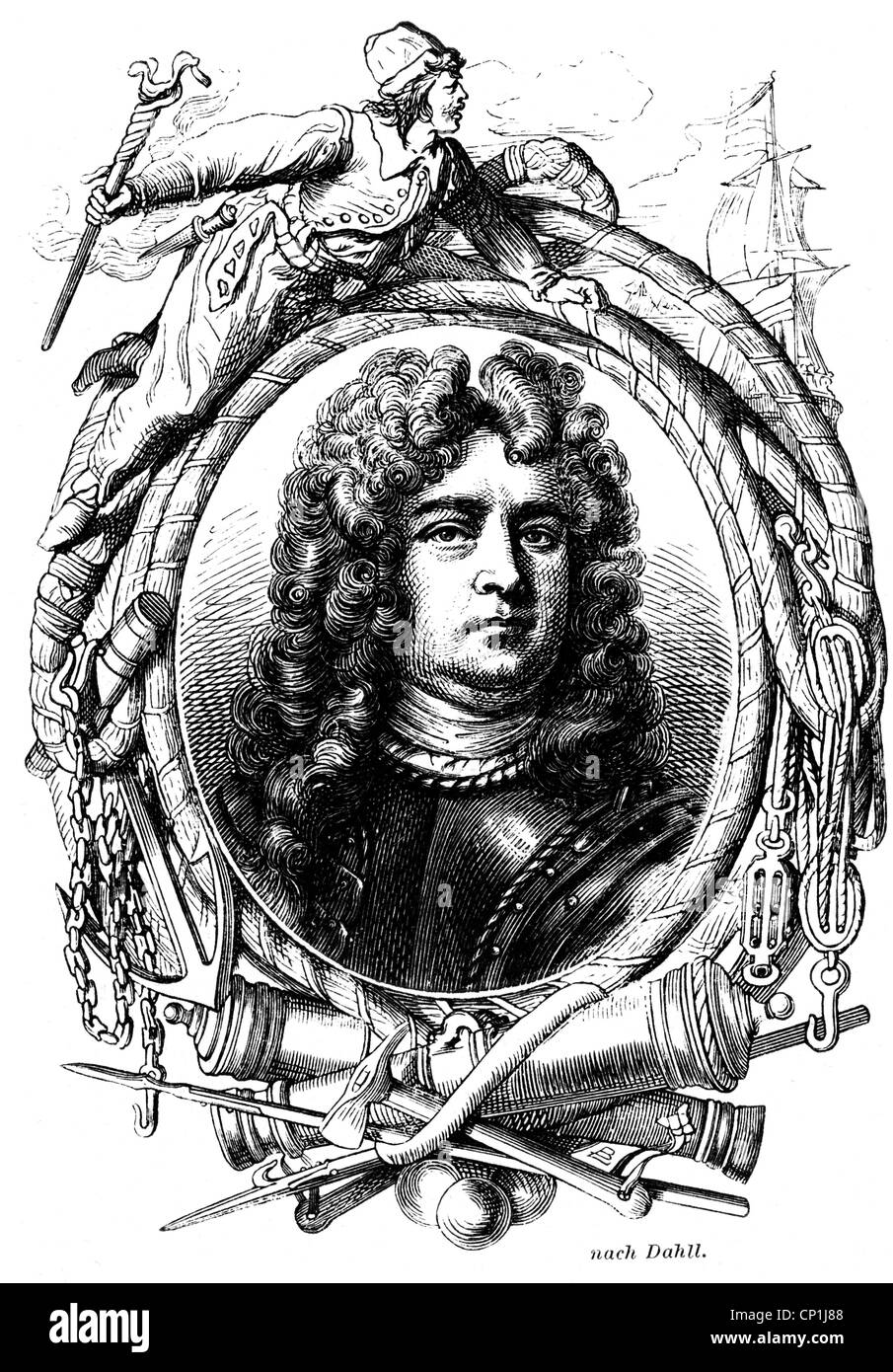 Rooke, George, 1650 - 24.1.1709, ammiraglio inglese, ritratto, incisione in legno, 19th secolo, Foto Stock