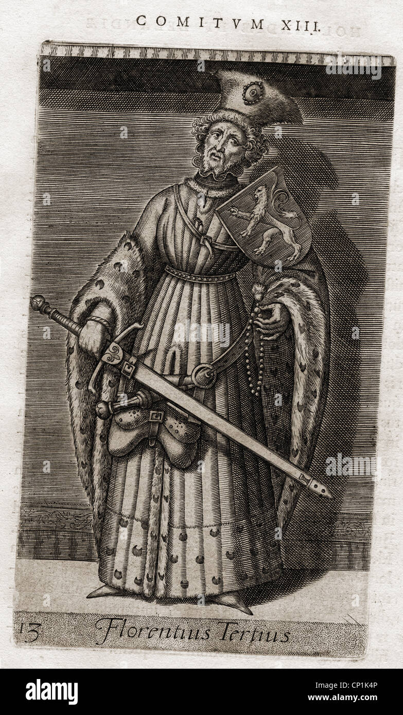 Floris III, 1138 - 1.8.1190, Conte di Holland 6.8.1157 - 1.8.1190, a piena lunghezza e incisione su rame, Adriano Barland: 'De rebus gestis comitum Hollandiae ae libello', del XVI secolo, artista del diritto d'autore non deve essere cancellata Foto Stock