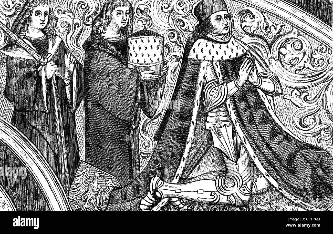 Albrecht III Achilles, 9.11.1414 - 11.3.1486, Elettore di Brandeburgo 20.12.1470 - 11.3.1486, in ginocchio, dietro il camberlain ereditario Johannes zu Lindow e il maresciallo ereditario Busse Gans zu Putlitz, pala d'altare, chiesa di San Gumbert, Ansbach, 1484, incisione del legno, 19th secolo, Foto Stock