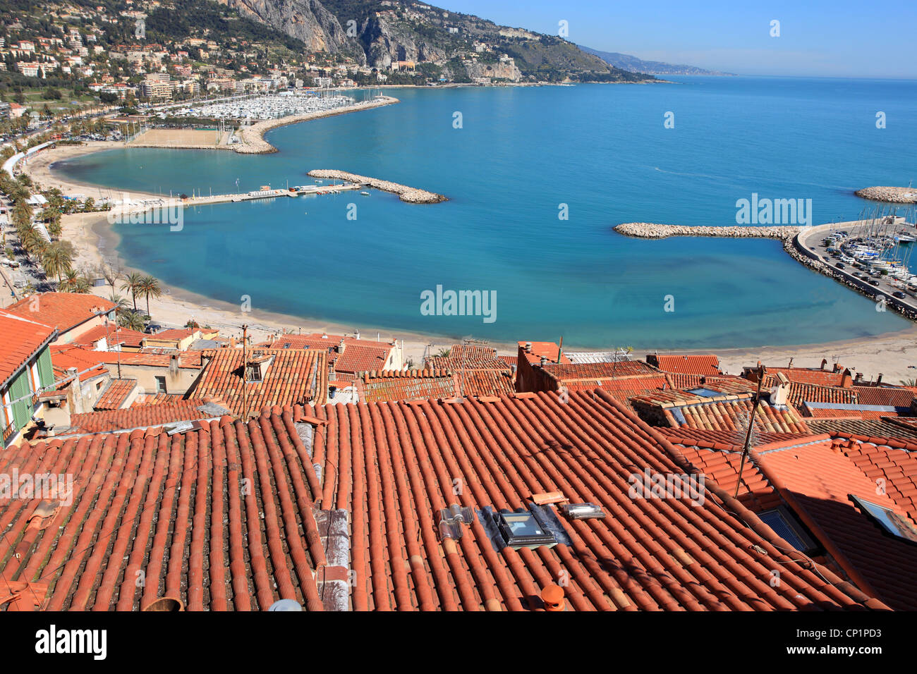 Panoramica della città costiera di Mentone sulla Costa Azzurra Foto Stock