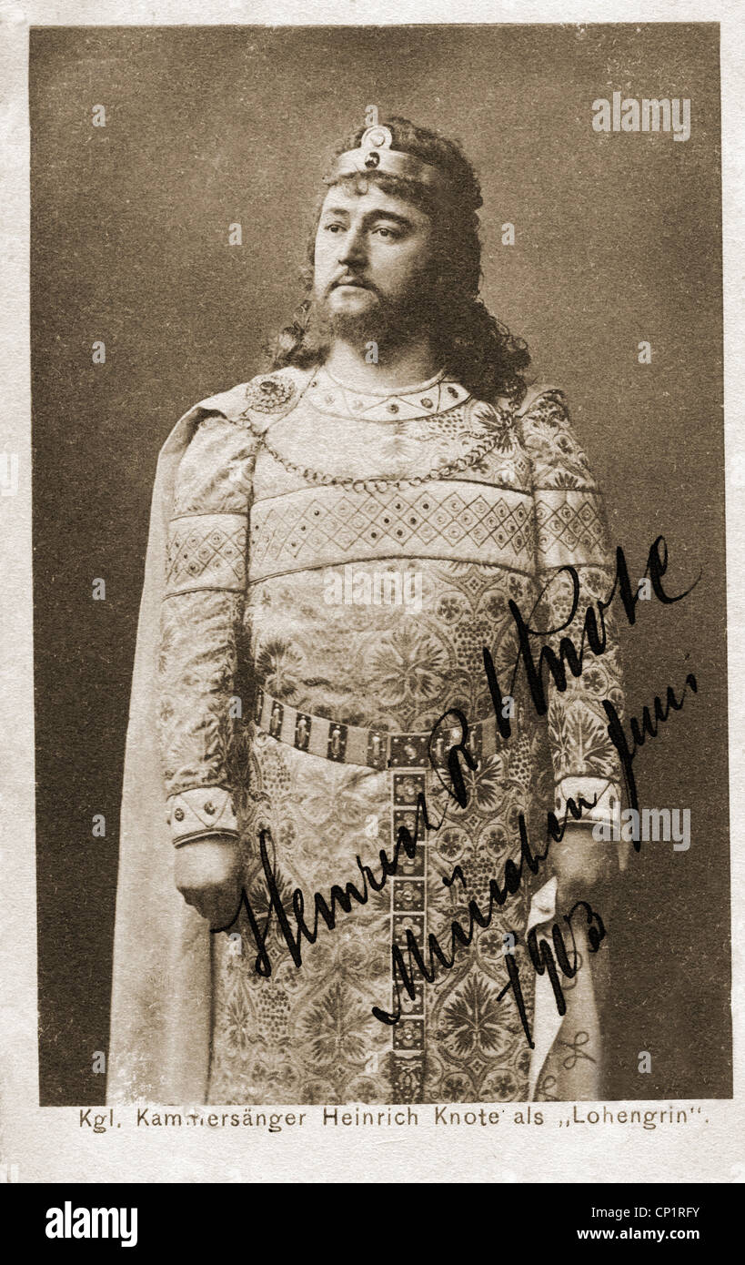 Knote, Heinrich, 26.11.1870 - 12.1.1953, cantante tedesco (tenore), come "Lohengrin" nell'opera di Richard Wagner, cartolina, giugno 1903, editore Otmar Ziegler, Monaco di Baviera, Foto Stock