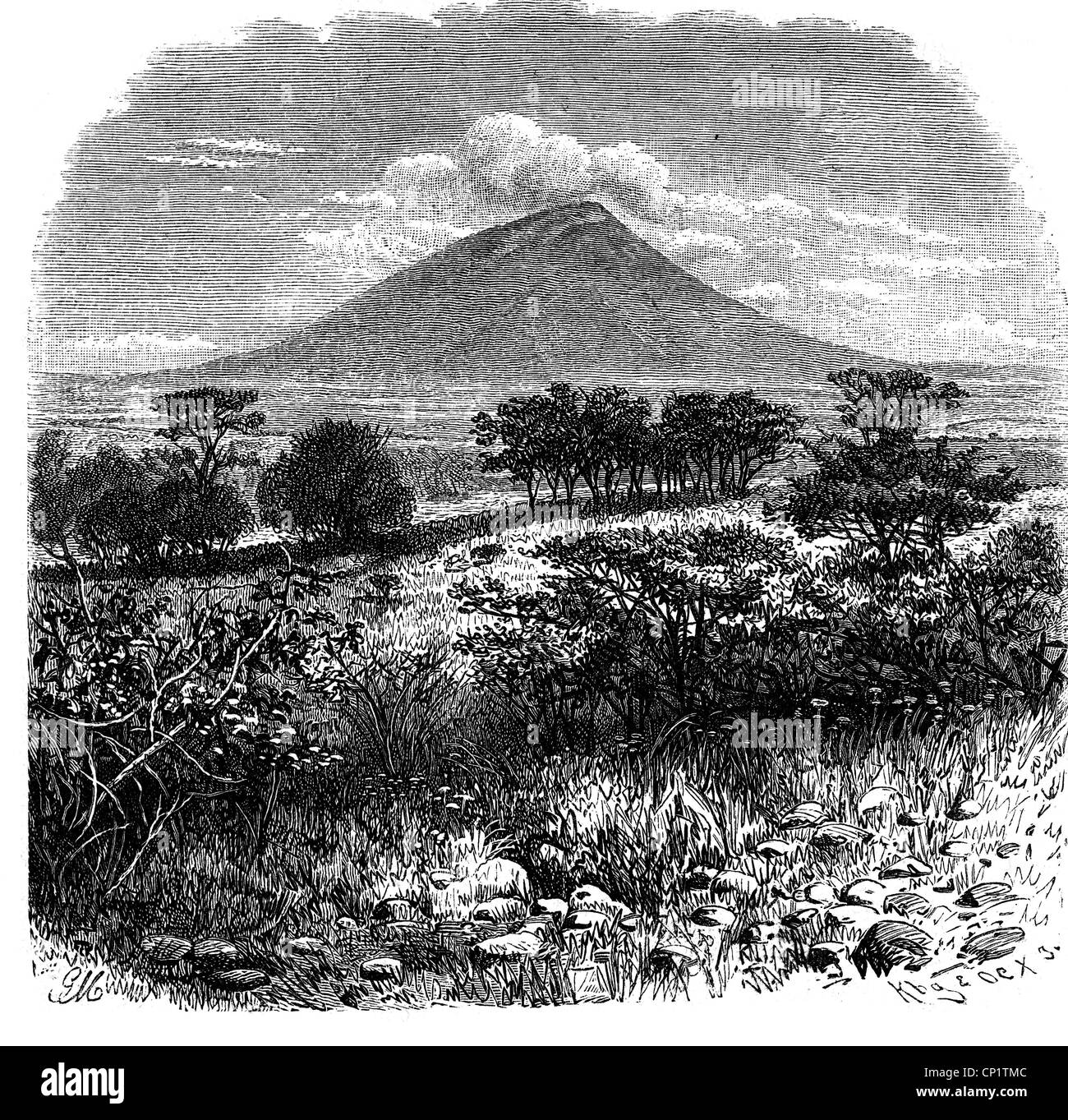 Geografia / viaggio, Tanzania, mountians, vulcano OL Doinyo Lengai ('montagna di Dio'), vista, incisione in legno, 19 ° secolo, , diritti aggiuntivi-clearences-non disponibile Foto Stock