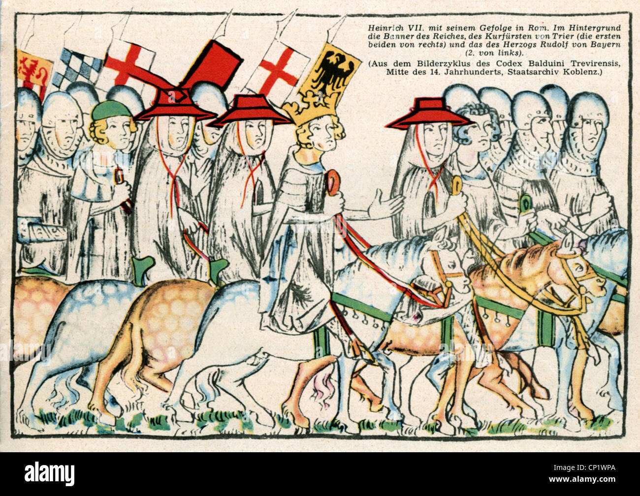 Enrico VII, circa 1275 - 24.8.1313, Sacro Romano Imperatore 1312 - 1313, scena, Enrico VII con il suo entourage a Roma, illustrazione dal 'Codex Balduini Trevirensis', metà 14th secolo, Foto Stock