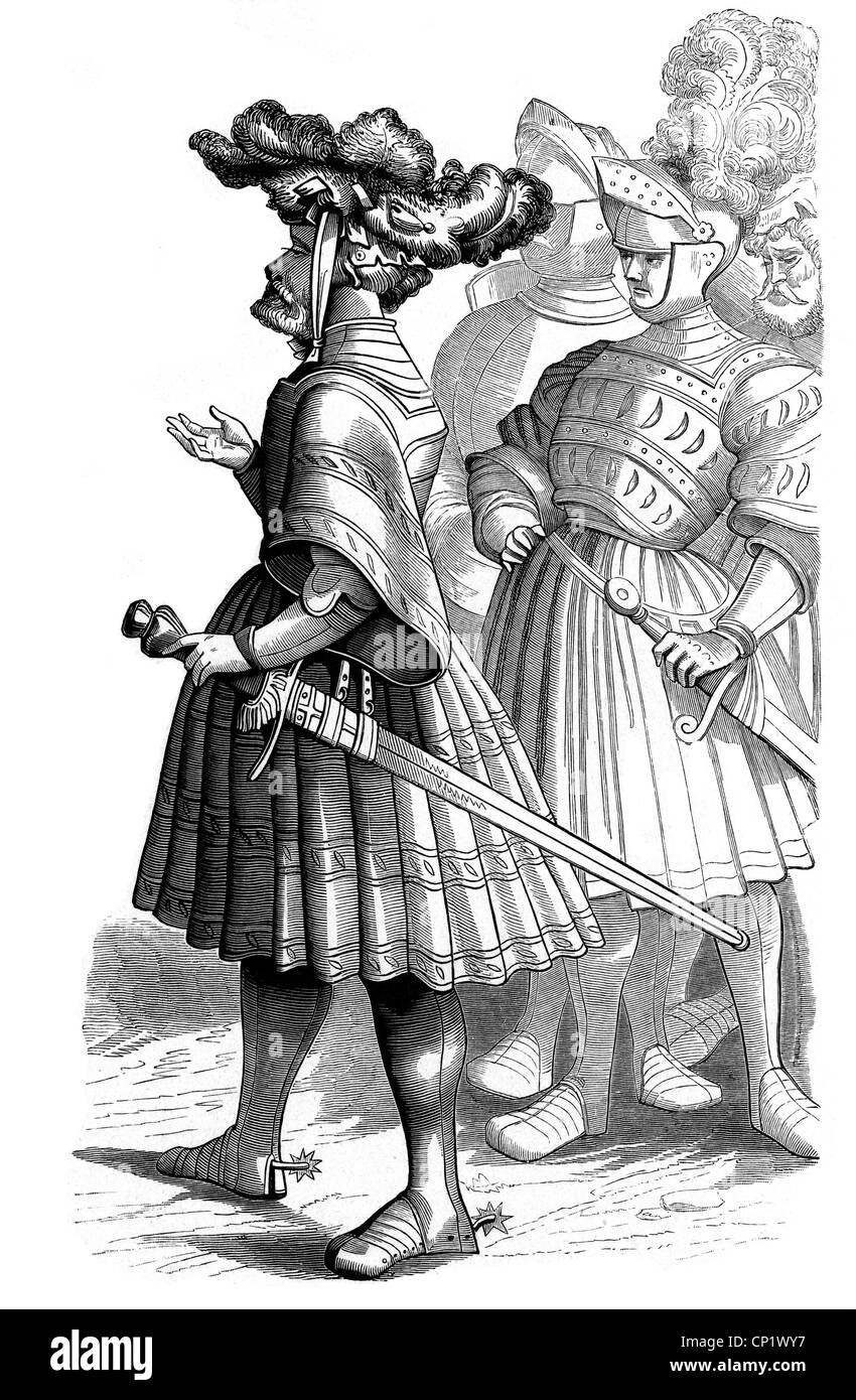 Militare, cavalieri, cavalieri tedeschi del XVI secolo, intagliati in legno da Hans Burgkmair (1473 - 1531), dal 'Trionfo di Massimiliano', diritti aggiuntivi-clearences-non disponibili Foto Stock