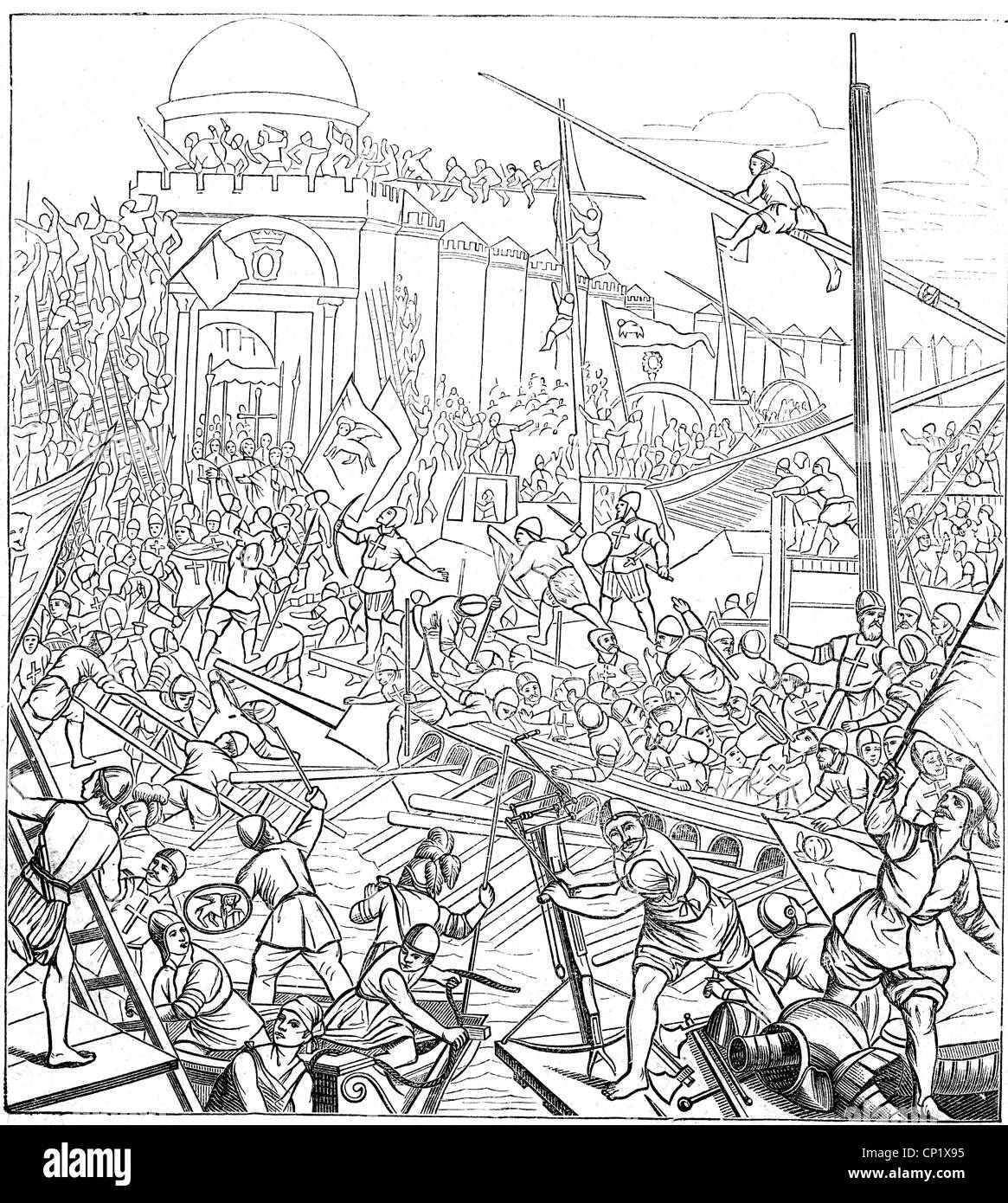 Medioevo, crociate, IV crociata 1202 - 1204, Crociati tempesta Costantinopoli, 12.4.1204, disegno dopo affresco di Jacopo Negretti il giovane, Venezia, XVII secolo, Impero bizantino, Impero Romano d'Oriente, assalto, attacco, Veneziani, guerra, invasione, XIII secolo, storico, medievale, popolo, diritti aggiuntivi-clearences-non disponibili Foto Stock