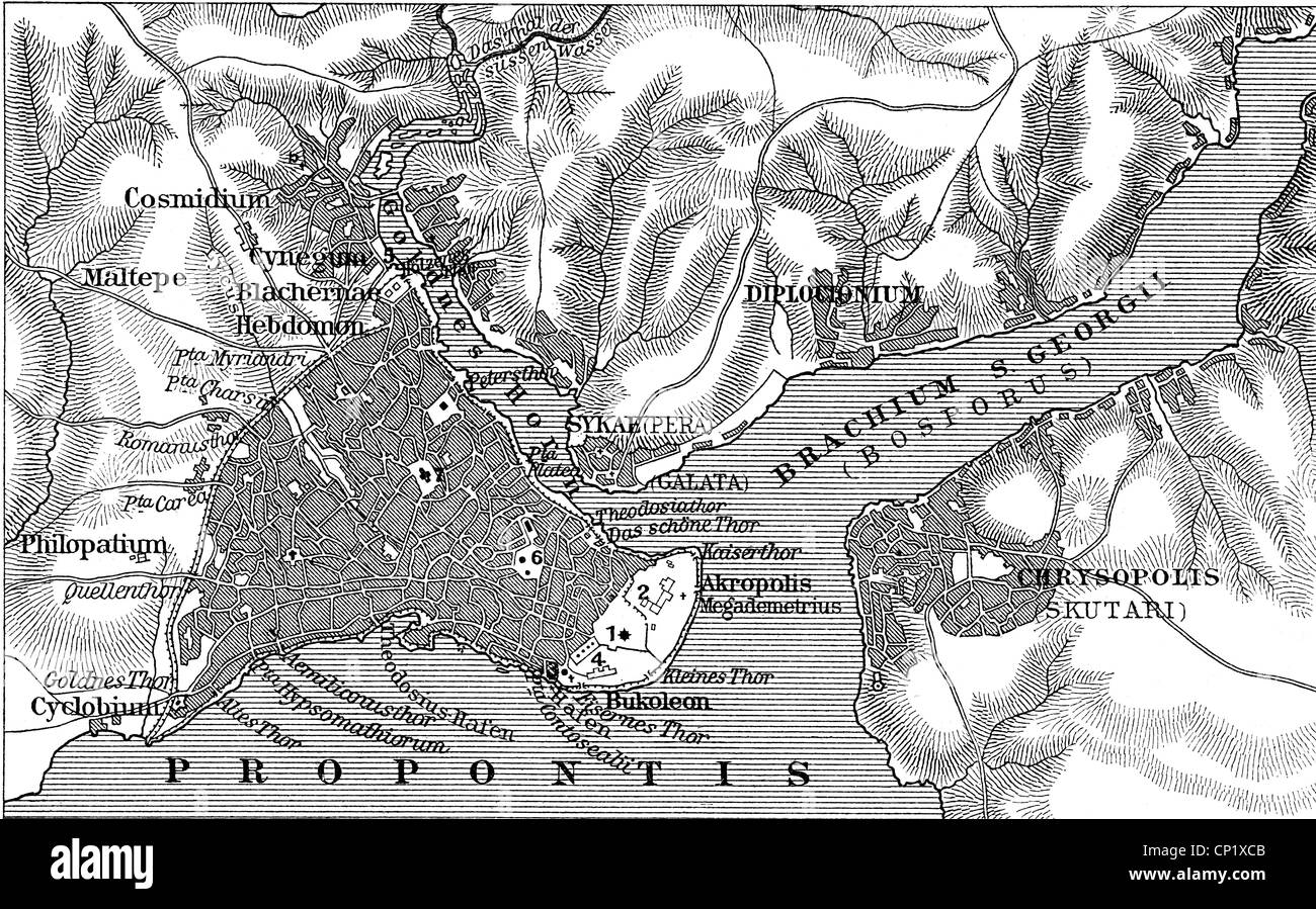 Cartografia, mappe storiche, Costantinopoli in epoca medievale, incisione in legno, Germania, XIX secolo, mappa topografica, Turchia, Istanbul, Corno d'Oro, Bosforo, Propontis, Sykae, Pera, Skutari, Crisopoli, scala, stretto, mare, Impero Romano d'Oriente, Impero Bizantino, Bizantino, XI - XIV secolo, storico, Medioevo, diritti aggiuntivi non disponibili Foto Stock