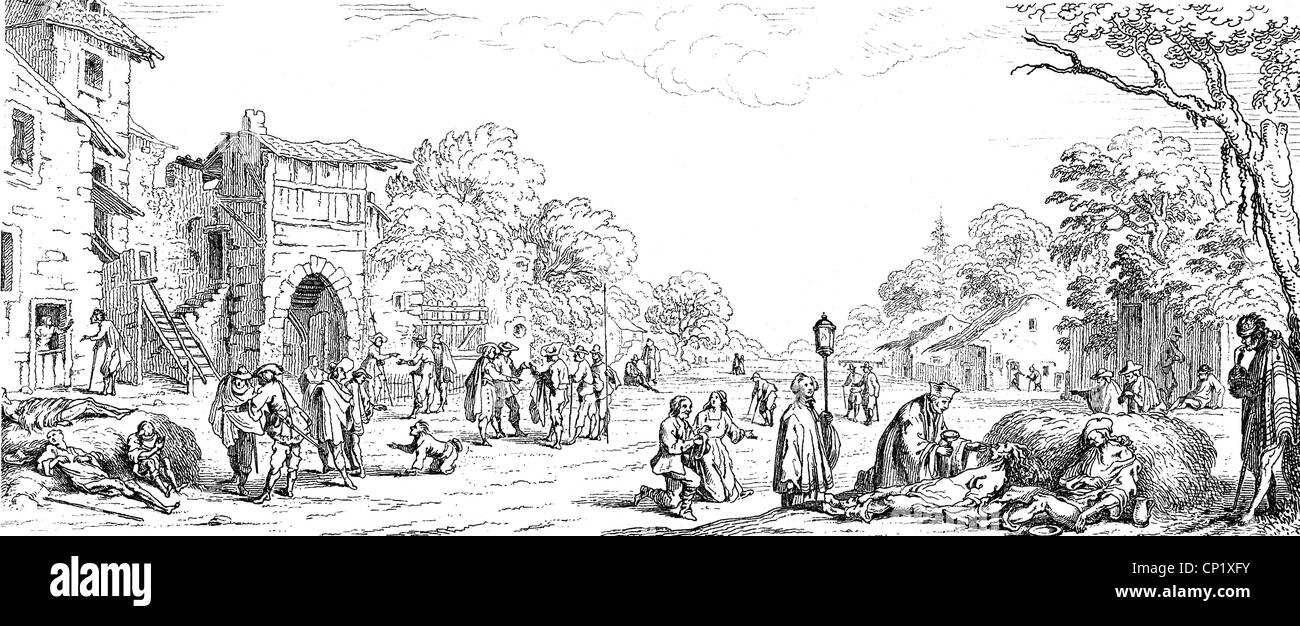 Eventi, Trent'Years' War, 1618 - 1648, soldati come mendicanti, incisione in legno, 19 ° secolo, dopo una rappresentazione della serie 'le grandi miserie di guerra' (Les Grand Miseres de la Guerre) di Jacques Callot, 1633, diritti aggiuntivi-clearences-non disponibile Foto Stock