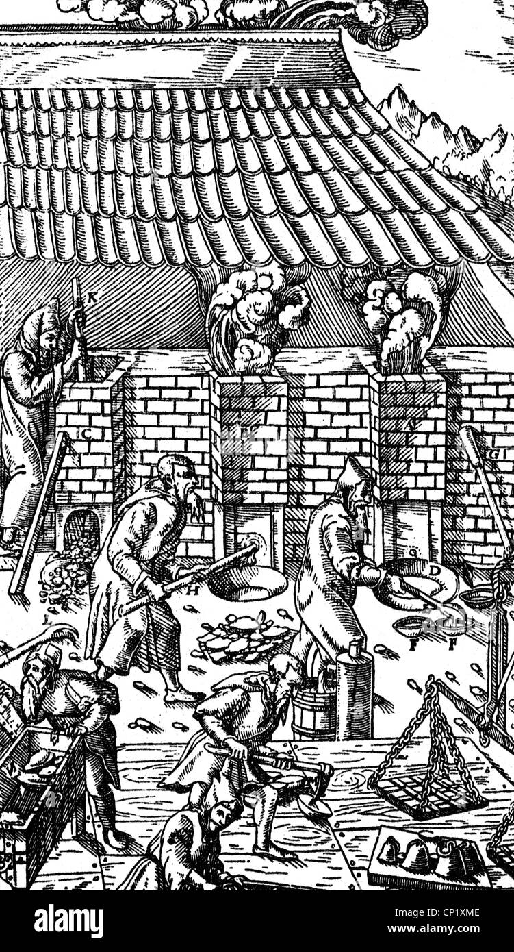 Miniere, miniere, forni a alberi, taglio di legno, 'De re metallica libri XII' di Georgius agricola, Basilea, 1556, diritti aggiuntivi-clearences-non disponibili Foto Stock