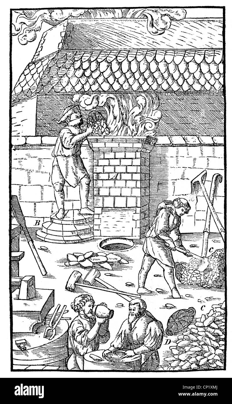 Estrazione mineraria, miniera, forno, taglio del legno, 'De re metallica libri XII' di Georgius agricola, Basilea, 1556, diritti aggiuntivi-clearences-non disponibili Foto Stock