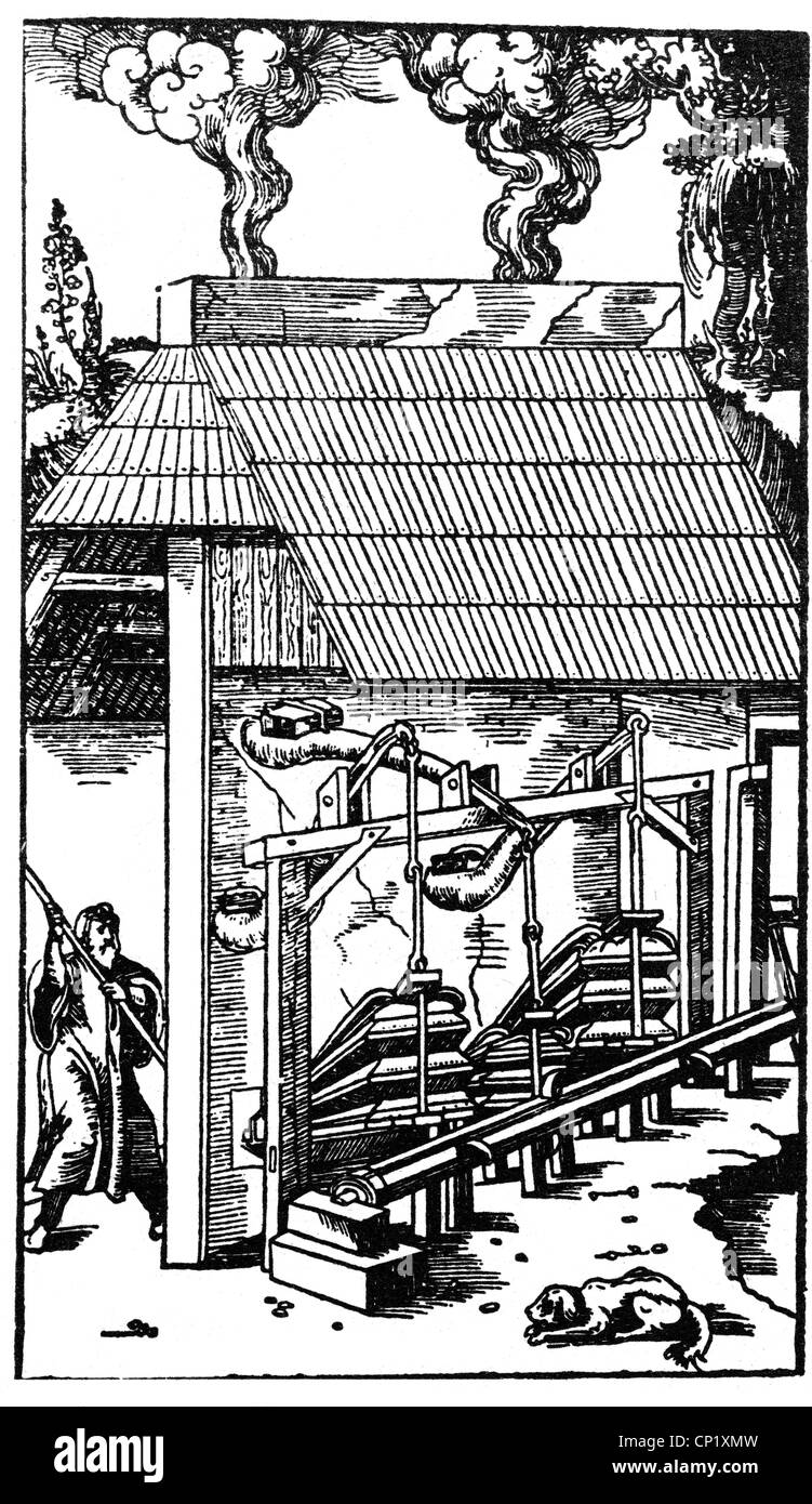 Estrazione mineraria, miniera, soffietti meccanici, taglio del legno, 'De re metallica libri XII' di Georgius agricola, Basilea, 1556, diritti aggiuntivi-clearences-non disponibili Foto Stock