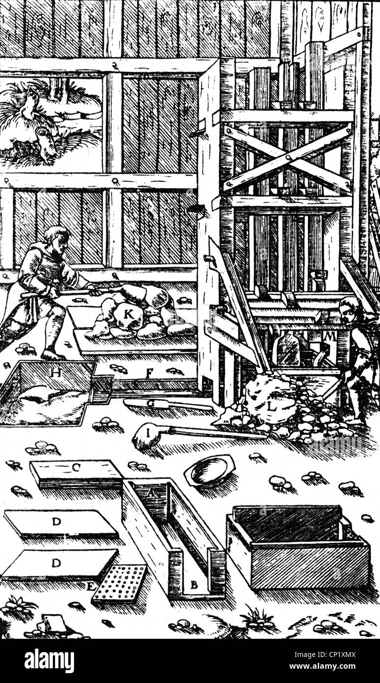 Estrazione mineraria, miniera, frantoio, taglio a legna, 'De re metallica libri XII' di Georgius agricola, Basilea, 1556, diritti aggiuntivi-clearences-non disponibili Foto Stock