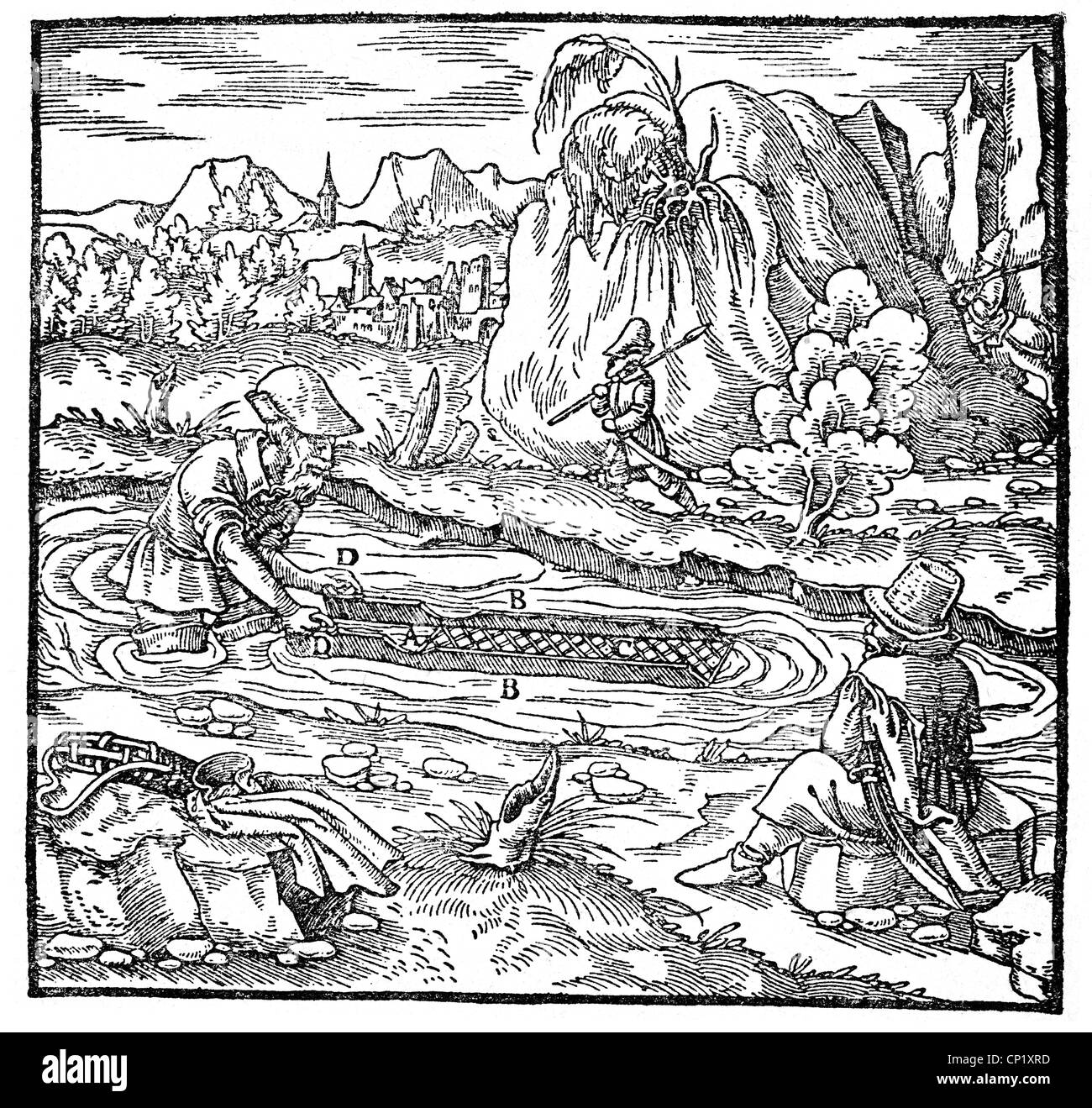 Metalli, oro, oro in un ruscello, taglio di legno, 'de re metallica libri XII' di Georgius agricola, Basilea, 1556, diritti aggiuntivi-clearences-non disponibili Foto Stock