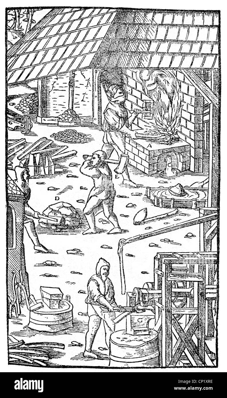 Miniere, miniere, fonderie di minerali, taglio di legno, 'de re metallica libri XII' di Georgius agricola, Basilea, 1556, diritti aggiuntivi-clearences-non disponibili Foto Stock