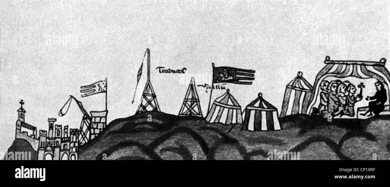 Militare, assedio, Medioevo, città italiana sotto assedio al tempo della dinastia Hohenstaufen, miniatura dalle cronache di Genova, 1227, diritti aggiuntivi-clearences-non disponibile Foto Stock