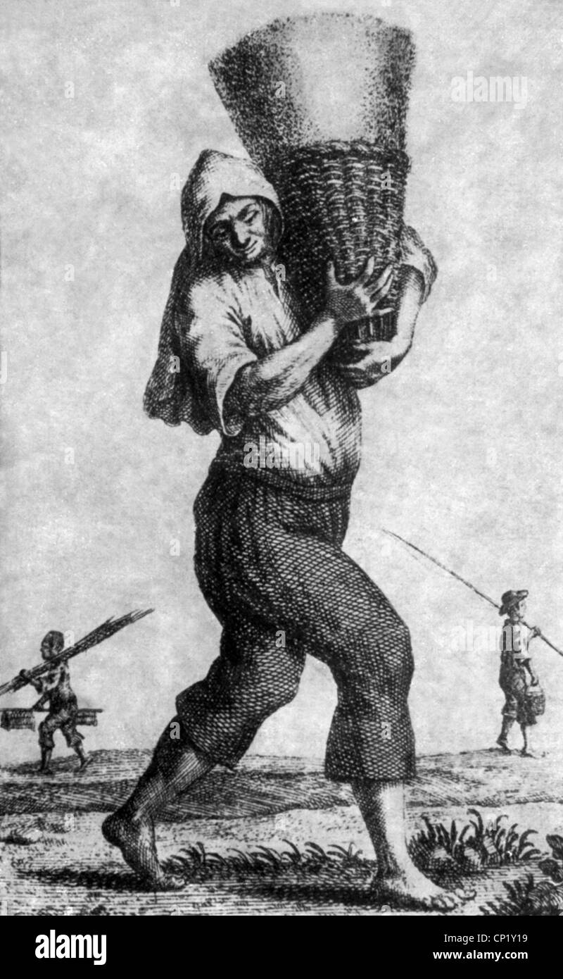 Persone, professioni, sale bearer, incisione su rame, secolo XVII, lavoratore, manodopera, lavorando, cuscinetto, trasporti, storico, storico, artista del diritto d'autore non deve essere cancellata Foto Stock