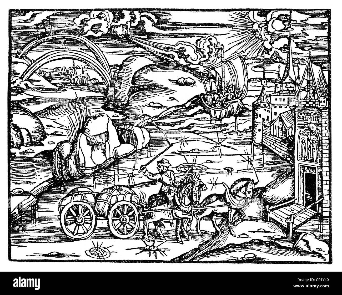 Trasporto/trasporto, pullman, trasporto merci davanti ad una ciziosa, taglio di legno, opere di Virgilio, stampato da Seabstian Brent, Strassbourg, 1502, diritti-aggiuntivi-clearences-non disponibile Foto Stock