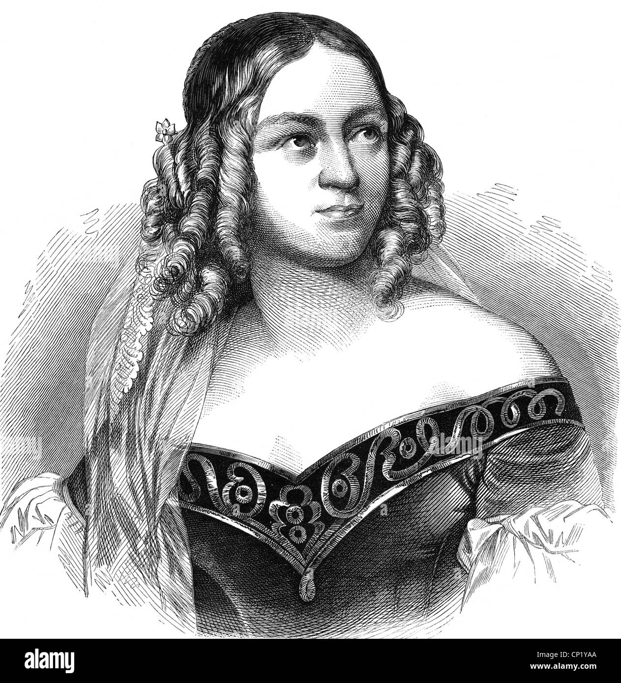 Bauer, Caroline, 29.3.1807 - 18.10.1878, attrice tedesca, come Donna Diana nel gioco 'onna Diana', a cura di Josef Schreyvogel, dopo il gioco 'El desden con el desden' di Augustin Moreno, ritratto, incisione in legno, 19th secolo, Foto Stock