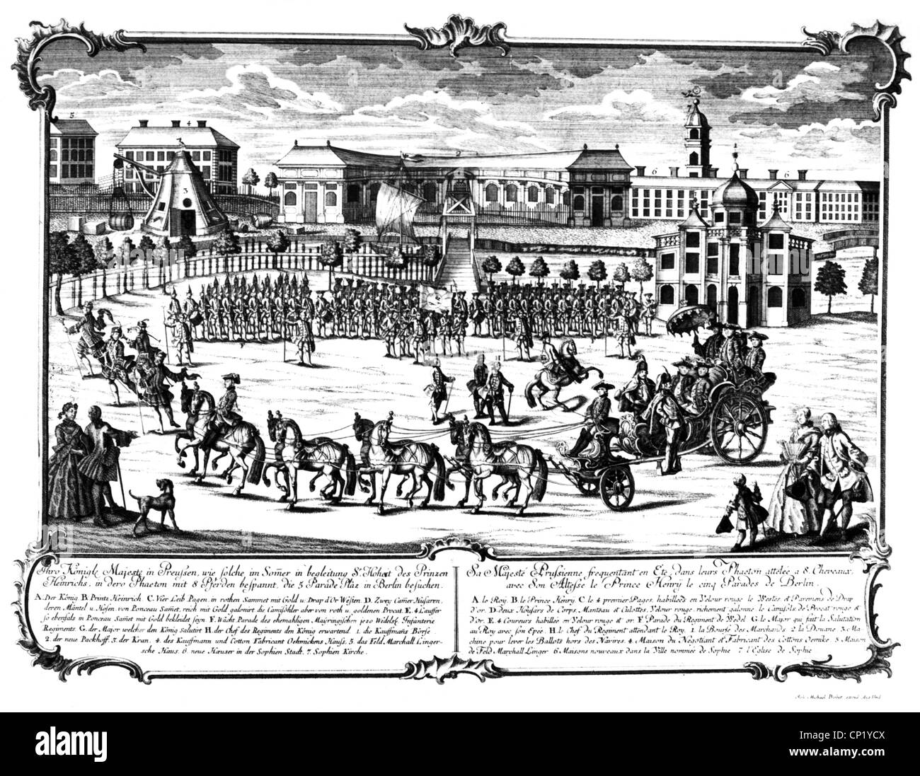 Federico II "grandi", 24.1.1712 - 17.6.1786, King of Prussia 31.5.1740 - 17.6.1786, con il principe Henry in una sfilata di Berlino, incisione su rame di Johann Michael Probst, 1758, artista del diritto d'autore non deve essere cancellata Foto Stock