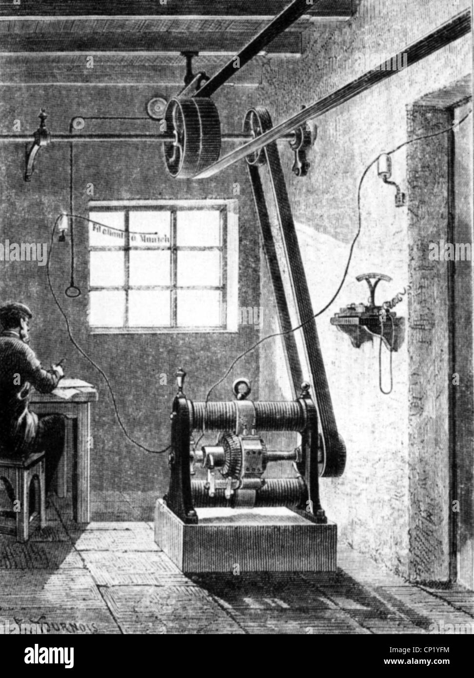 Energia, elettricità, prima trasmissione di corrente continua da Miesbach a Monaco, 16.9.1882, diritti aggiuntivi-clearences-non disponibili Foto Stock