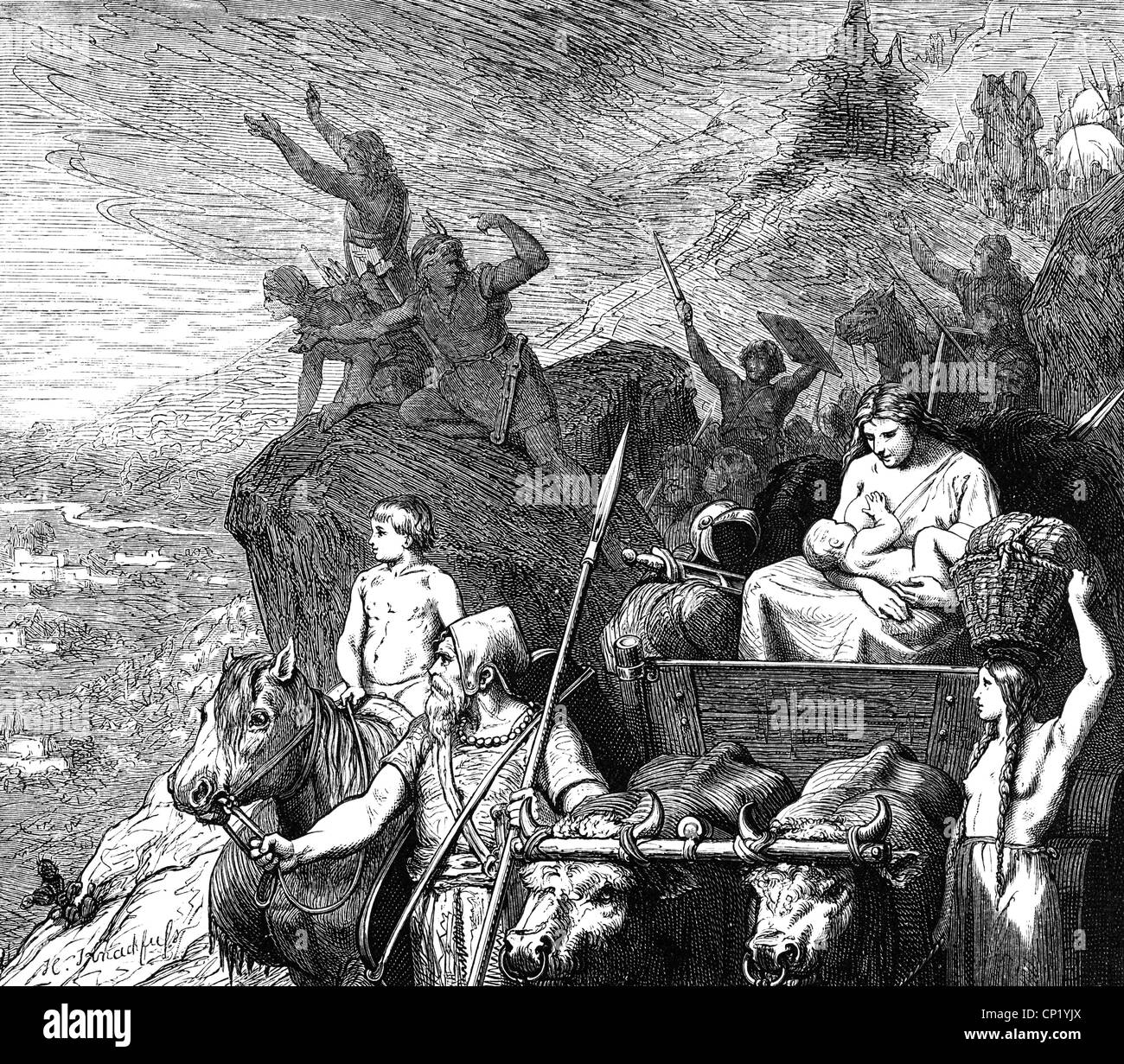 Mondo antico, periodo migratorio, germanici che attraversano i Pirenei nel V secolo, incisione del legno, XIX secolo, migrazione, popolo germanico, Spagna, penisola iberica, mondo antico, tempi antichi, antichità, Impero Romano, storico, storico, mondo antico, diritti aggiuntivi-clearences-non disponibile Foto Stock