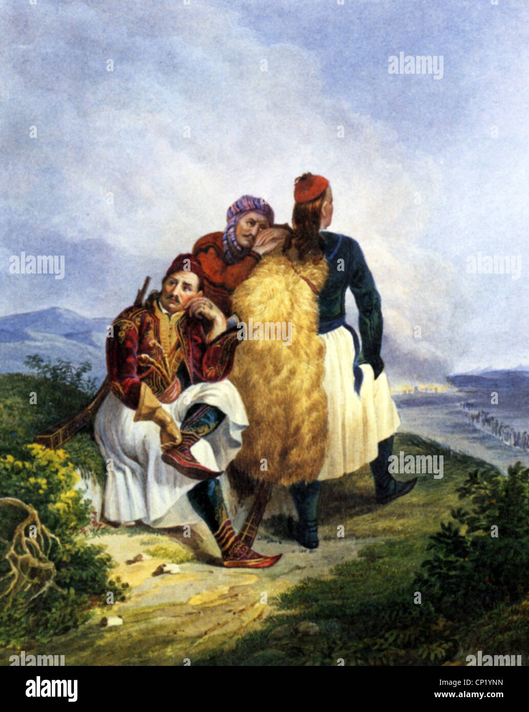 Eventi, Guerra di Indipendenza greca 1821 - 1829, primo assedio di Mesolongi 1822 - 1823, 'tre combattenti greci per la libertà su una collina sopra i Missolunghi in fiamme', acquerello di Heinrich von Mayr, 1824, stampa, diritti aggiuntivi-clearences-non disponibile Foto Stock