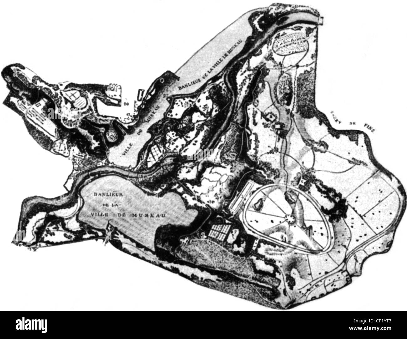 Architettura, architettura paesaggistica, parchi, Parco Muskau, pianta del sito, incisione del legno, 'Andeutungen ueber Landschaftsgaertnerei' di Hermann Prince of Pueckler-Muskau, 1834, diritti-aggiuntivi-clearences-non disponibile Foto Stock