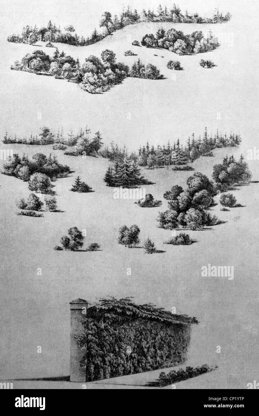 Architettura, architettura paesaggistica, parchi, progettazione stradale, incisione del legno, 'Andeutungen ueber Landschaftsgaertnerei' di Hermann Prince of Pueckler-Muskau, 1834, diritti-aggiuntivi-clearences-non disponibili Foto Stock