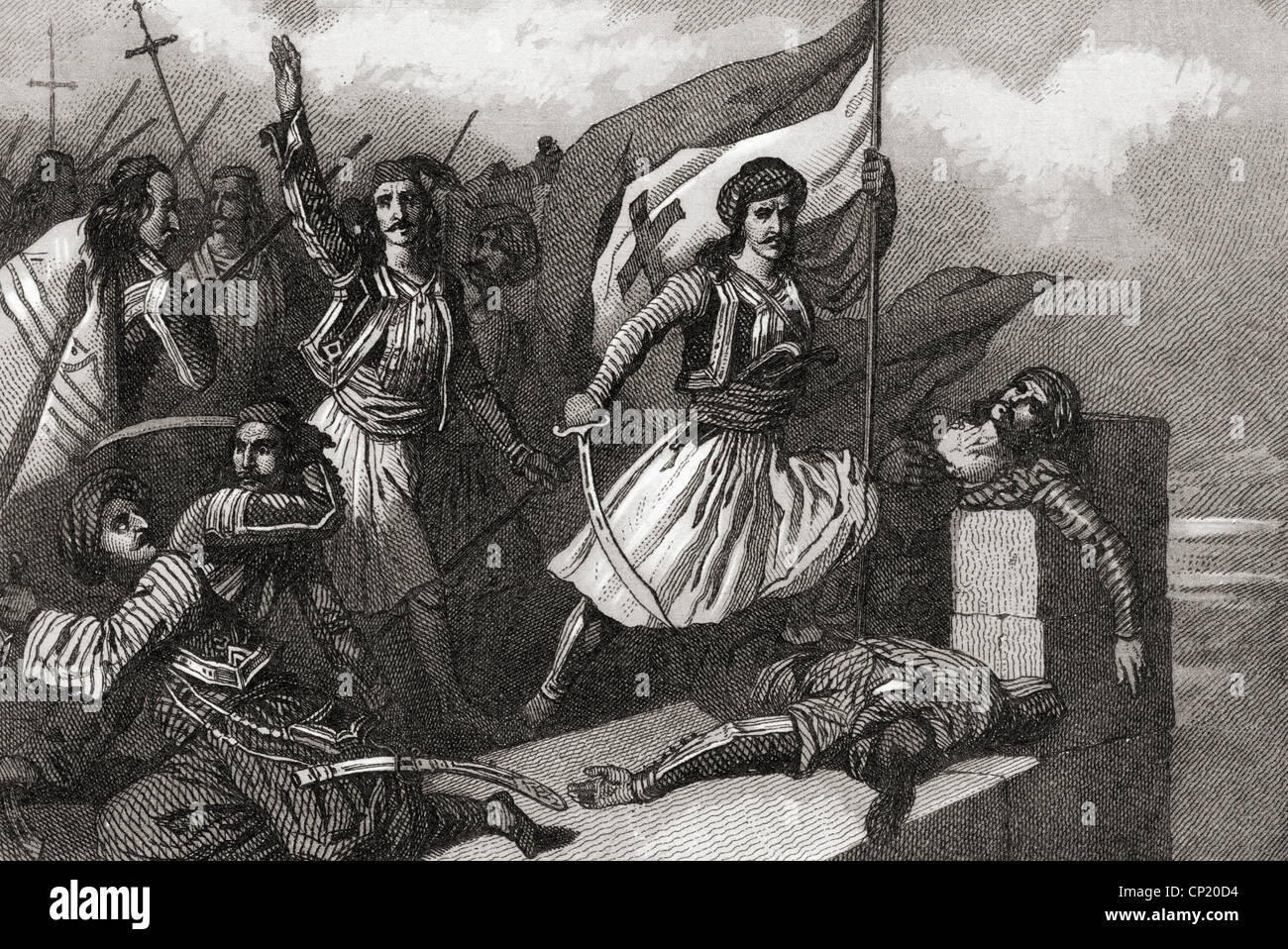 Eventi, Guerra di Indipendenza greca 1821 - 1829, i Greci alzando la bandiera con la croce, Pasqua 1821, incisione in acciaio di Maurin dopo il Th. Guerin, XIX secolo, rivoluzione greca, rivolta, Impero Ottomano, religione, cristianesimo, Greci, storico, cristiani, Turchi, persone, diritti aggiuntivi-clearences-non disponibile Foto Stock