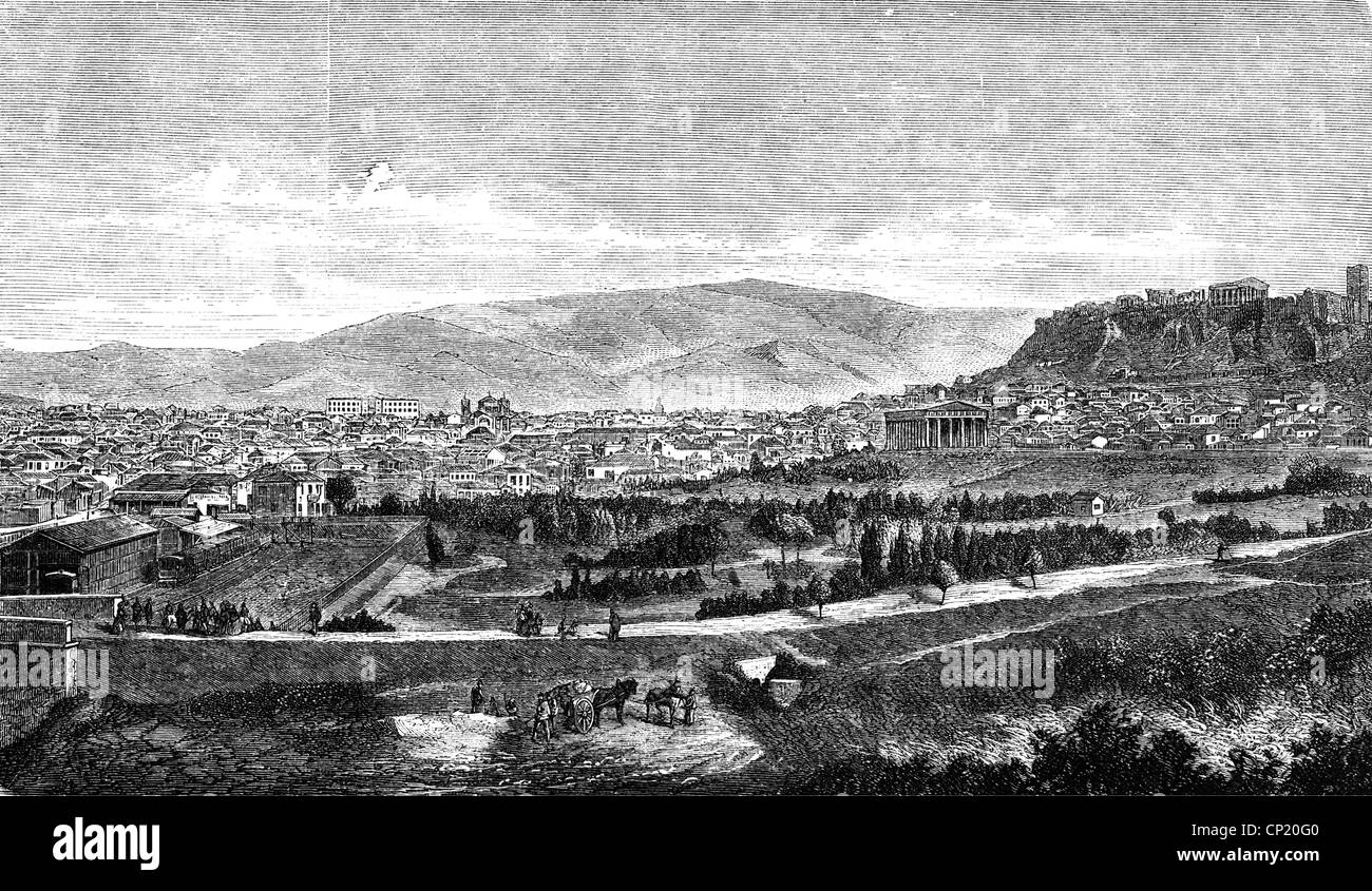 Geografia / viaggio, Grecia, Atene, vista, incisione in legno, II metà del XIX secolo, vista sulla città, paesaggio urbano, vista sulla città, paesaggi urbani, paesaggio urbano, paesaggi urbani, città vecchia, centro storico, centro storico, Attica, Europa sudorientale, Balcani, Penisola balcanica, storico, storico, persone, diritti aggiuntivi-clearences-non disponibile Foto Stock