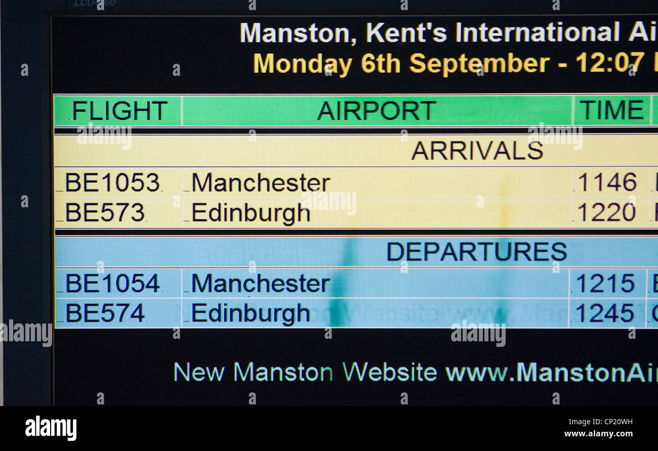 Scheda di partenza, Manston aeroporto, Kent, England, Regno Unito Foto Stock