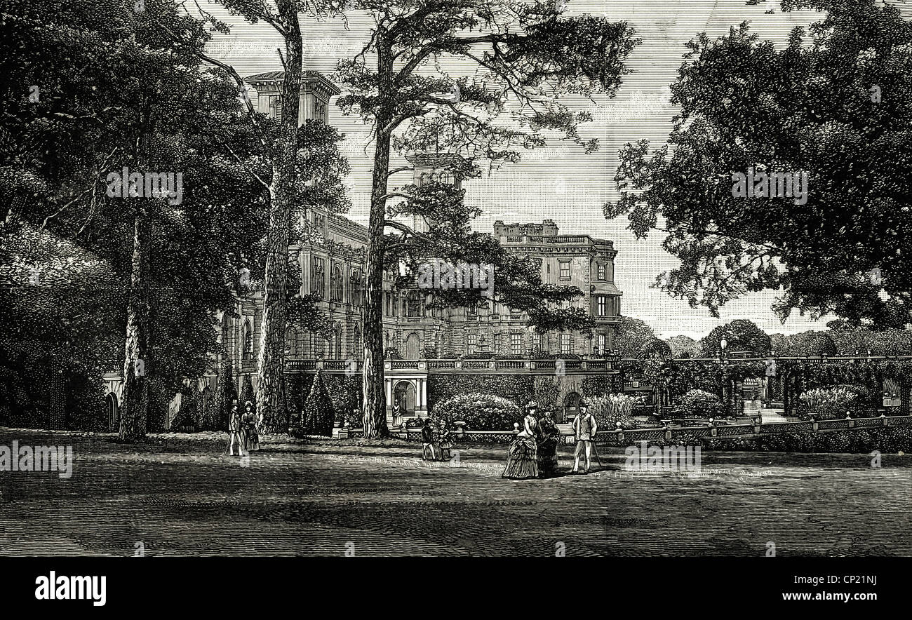 La terrazza di fronte di Osborne House, Isola di Wight. Incisione Vittoriano datato 13 giugno 1887 Foto Stock