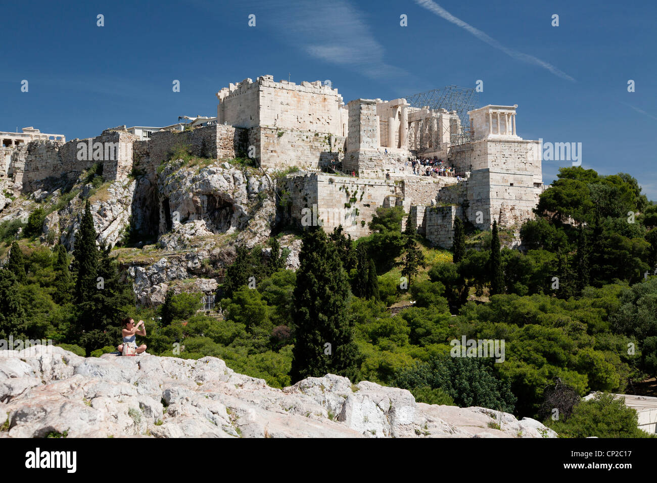 Acropoli di Atene vista dal areopago hill. Atene, Grecia. Foto Stock
