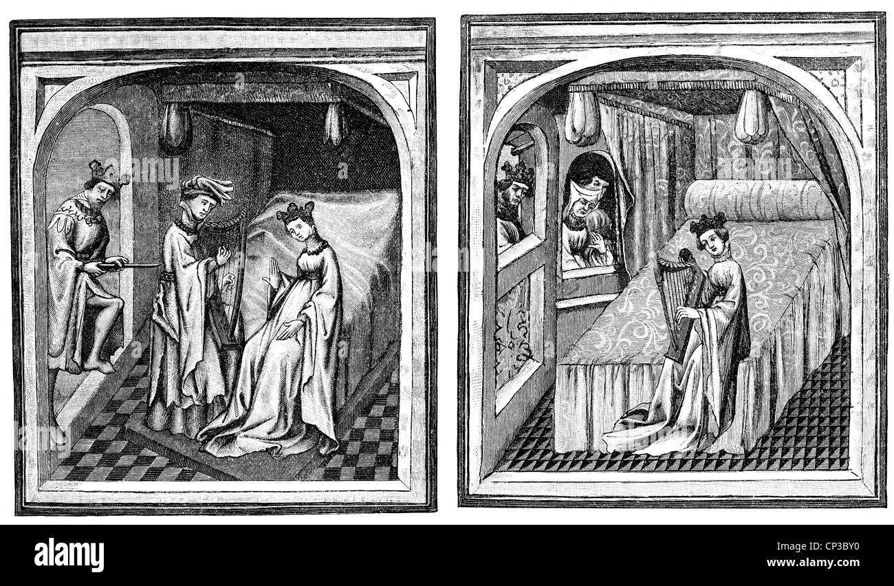 Manoscritto del xv secolo, la storia di Tristano e Isotta, le quinte 'Isotta suonare l'arpa' e 'Marte uccidere Tristan ' Foto Stock