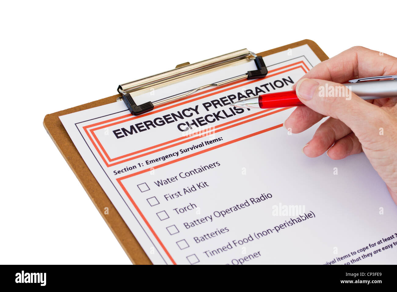 La mano di completare la preparazione di emergenza elenco Foto Stock