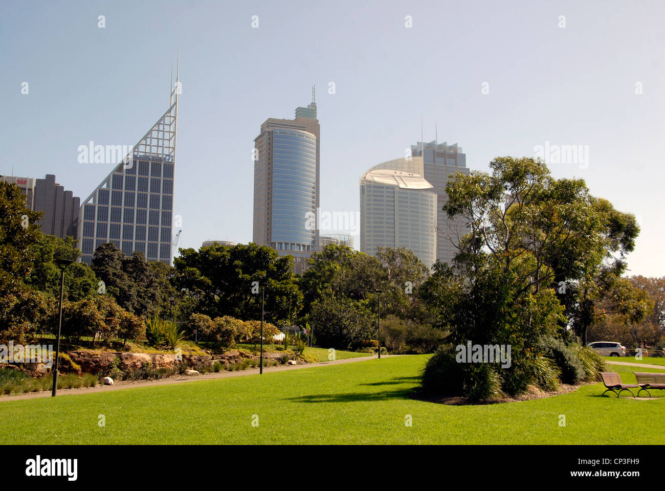 Vista del centro cittadino di Sydney da Giardini Botanici, Sydney, Australia Foto Stock