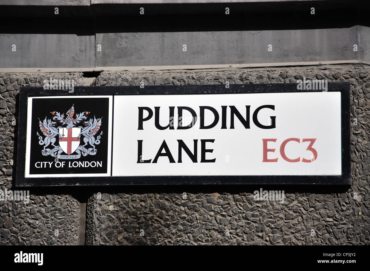 Pudding Lane (Grande Incendio di Londra) firmano il monumento, City of London, London, Greater London, England, Regno Unito Foto Stock