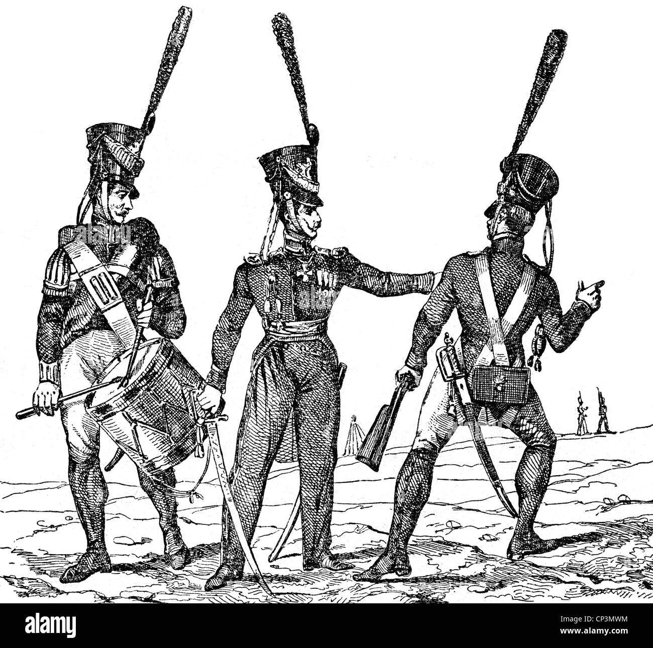 Militare, Prussia, esercito, fanteria, guardie, batterista, ufficiale e privato, 1815, diritti aggiuntivi-clearences-non disponibile Foto Stock