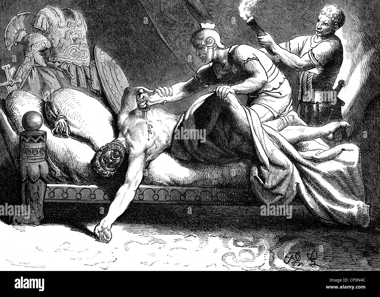 Massimo Thrax, Gaius Iulius Verus, circa 173 - 238, imperatore romano 235 - 238, scena, il suo assassinio, incisione del legno, 19th secolo, Foto Stock