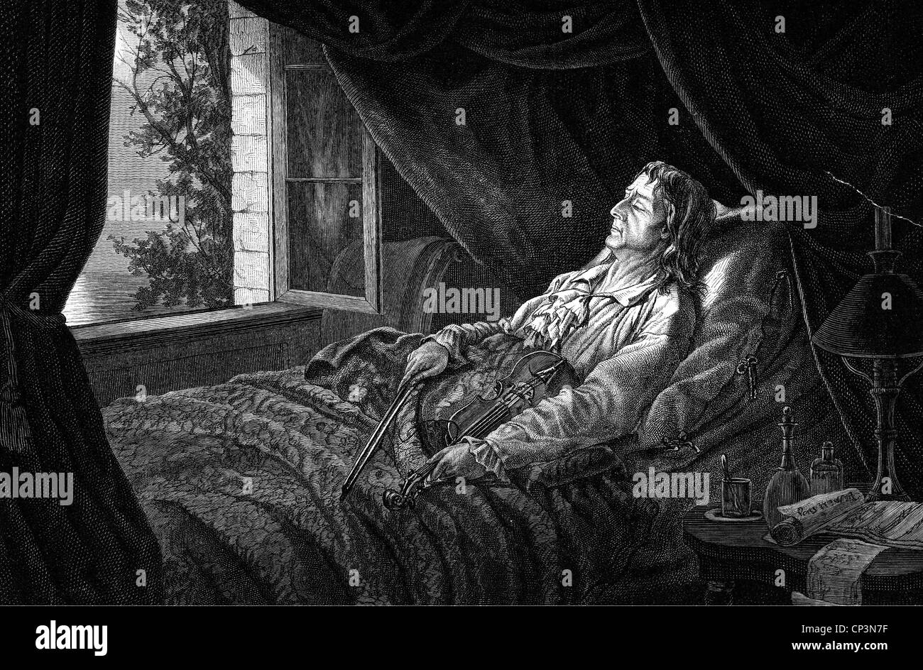 Paganini, Niccolo, 27.10.1782 - 27.5.1840, violinista italiano, a lunghezza intera, sul letto di morte, incisione in legno di G. Arnould, 19th secolo, Foto Stock