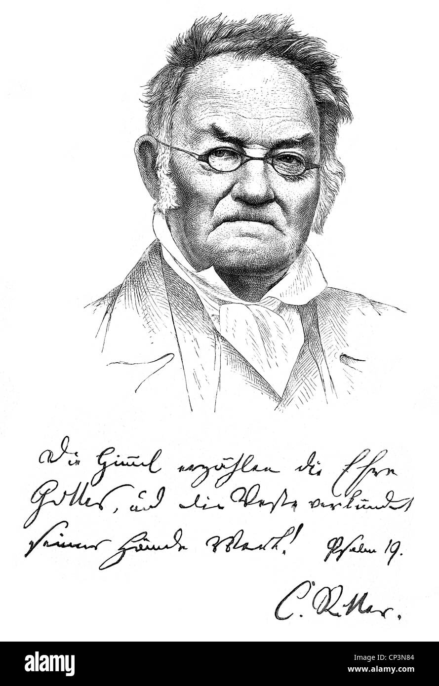 Ritter, Carl, 2.8.1779 - 28.9.1859, geografo tedesco, ritratto, con firma e versetto dal salmo 19: 'I cieli dichiarano la gloria di Dio, e il cielo sopra proclama la sua opera', incisione in legno, 19th secolo, Foto Stock